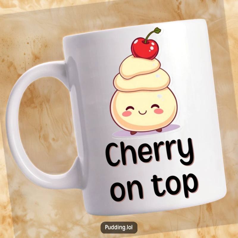 Funny Pudding Mug: A smiling pudding character perfectly balances a bright red cherry on its wobbly head, a delightful circus act.