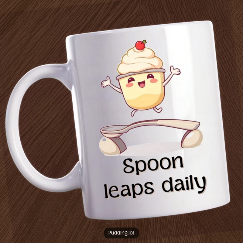 Funny mug: An energetic pudding cup character joyfully leaps over a bridge made of a spoon, conveying pure excitement and fun.