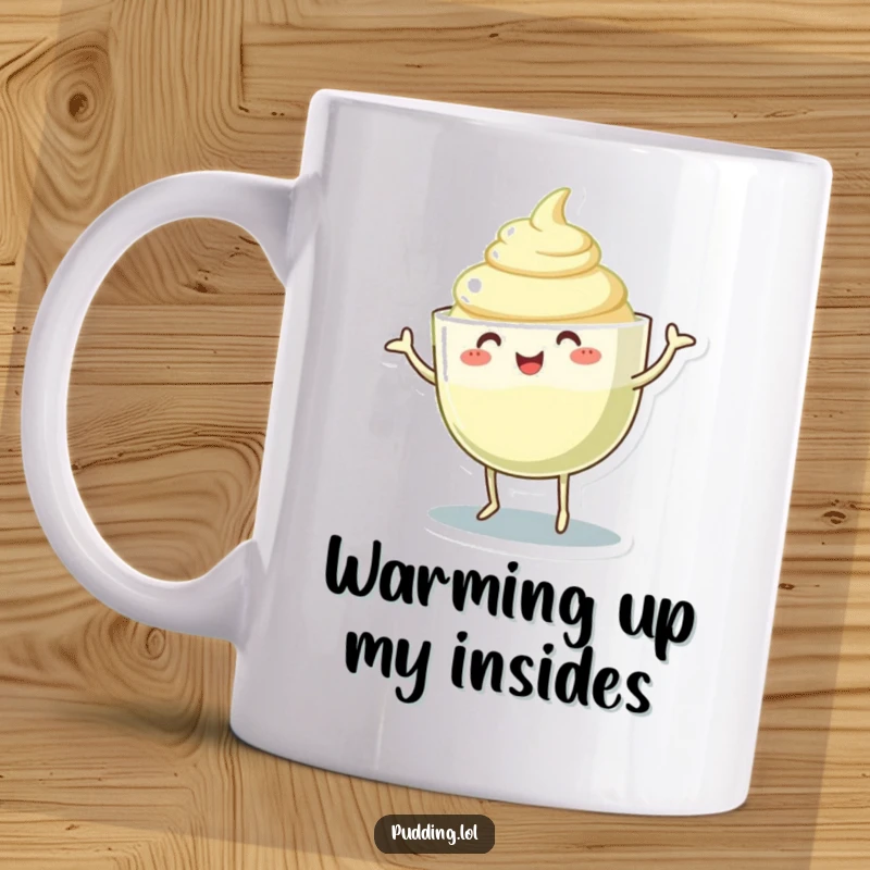 Funny pudding cup character mug dancing and wiggling its gelatinous body, radiating silly joy and playful movement.