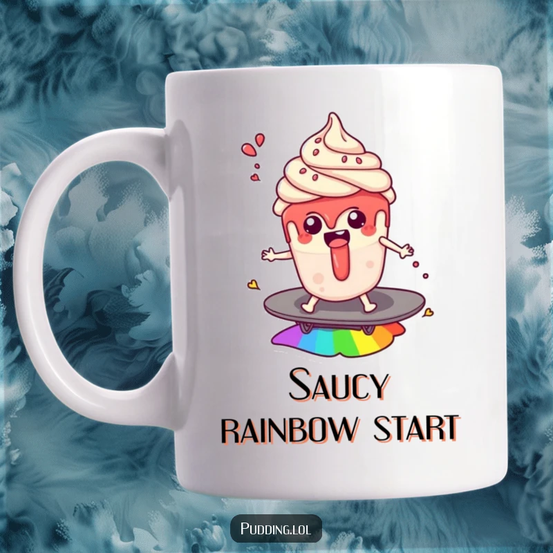 Funny mug: A delighted pudding cup character, with a splash of sauce, surfs joyfully on a vibrant rainbow, embodying pure fun and sweetness.