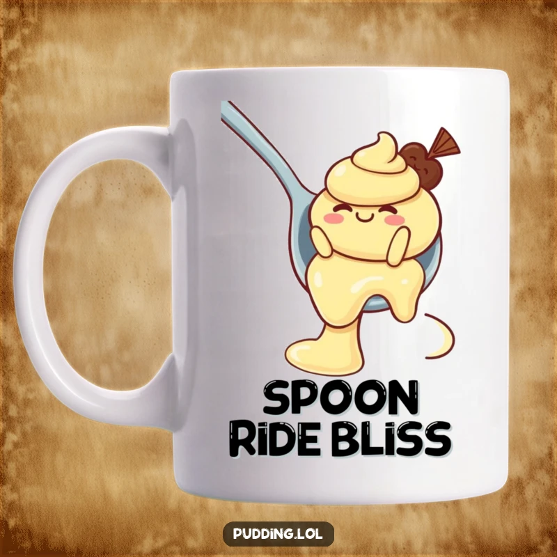Funny Pudding Mug: A wobbly pudding character hilariously slides down a spoon as if it were a water slide, pure dessert joy.