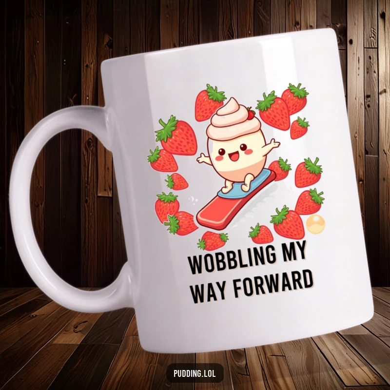 Funny mug featuring a joyful pudding cup character gleefully surfing down a vibrant strawberry slide, embodying pure, splashy fun.