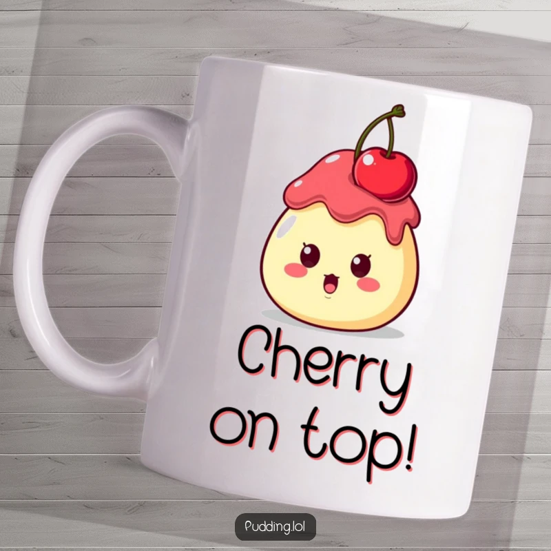 Funny Mug showing a surprised pudding character with wide eyes and a cherry wobbling precariously on its head, conveying comical shock.