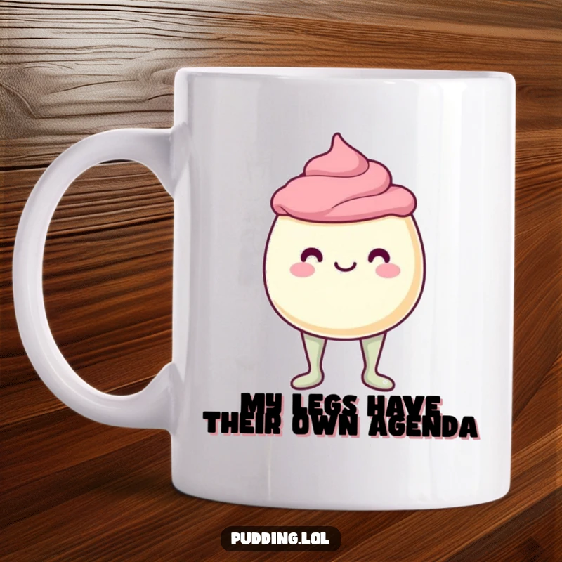 Funny Mug featuring a wobbly pudding cup character with unstable jelly legs, captured mid-wobble with a comical expression of delightful instability.