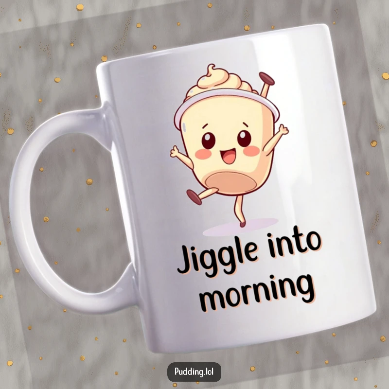 Funny mug: A wobbly pudding cup character comically attempts a somersault, showcasing endearing clumsiness and dessert delight.