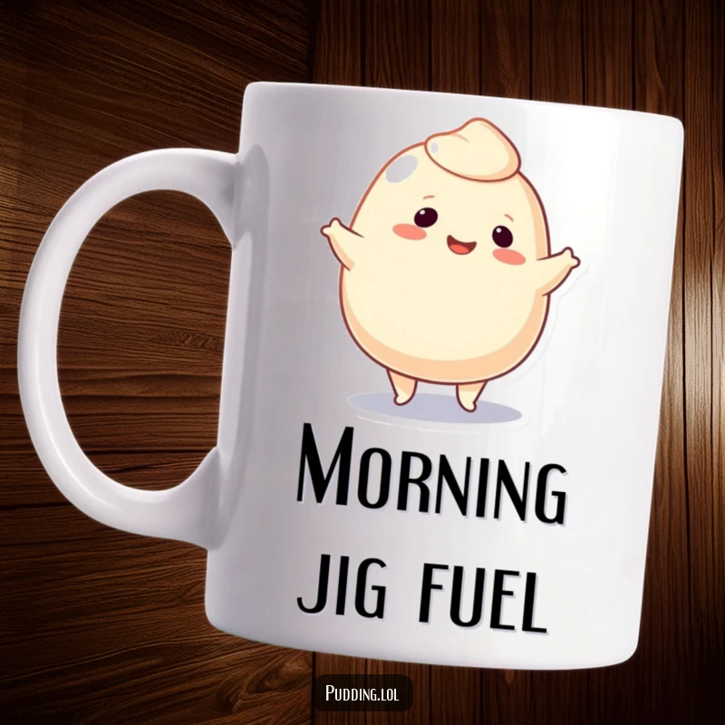 Funny Mug featuring a smiling pudding blob character enthusiastically doing a jig, radiating pure happiness and playful energy.