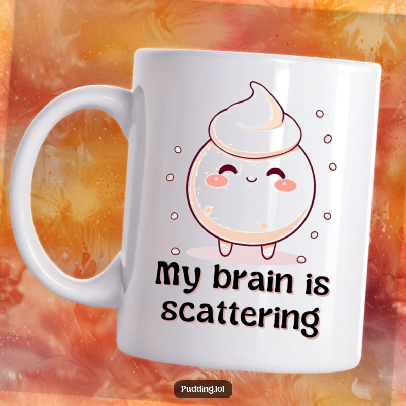 Funny tapioca pudding character with scattering pearls, looking silly, perfect for a humorous mug.