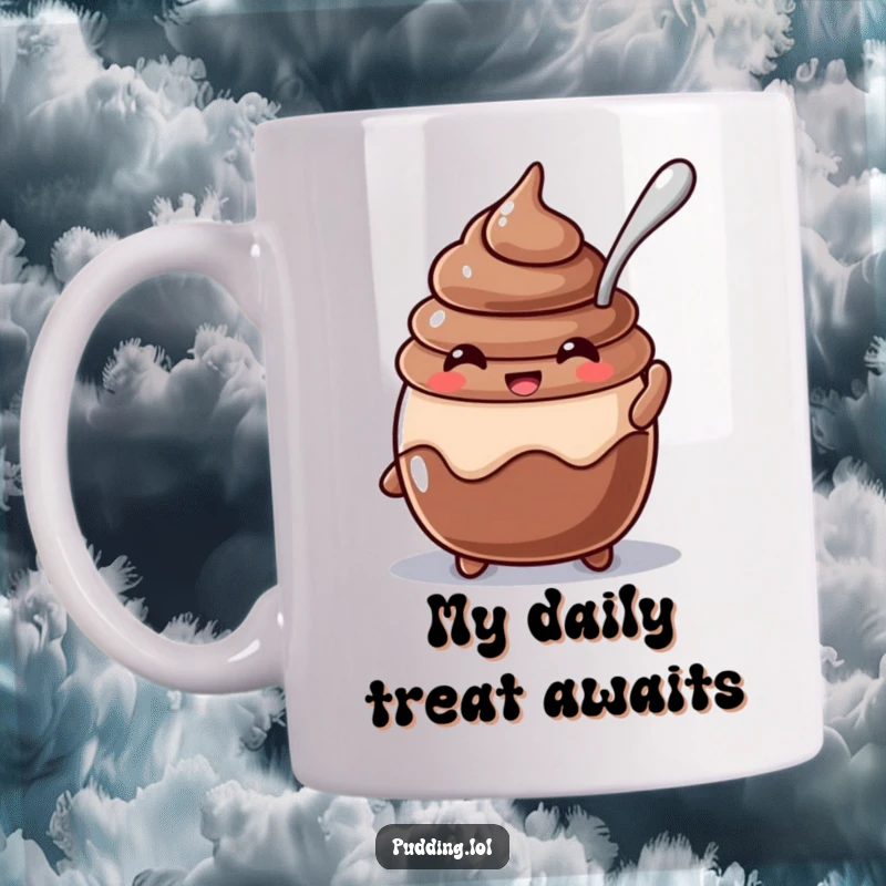 Funny beaming chocolate pudding character with a spoon stuck in it, illustrated on a ceramic mug for sweet amusement.