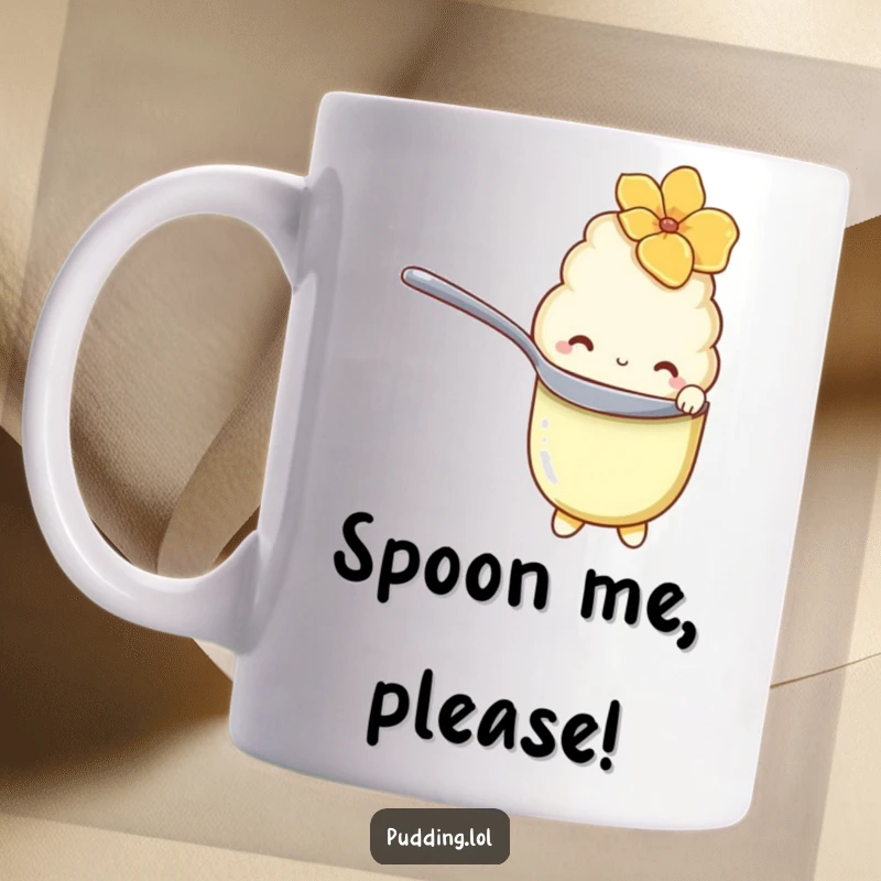 Funny Mug featuring a vanilla pudding character with shy eyes, hiding behind a spoon, looking adorable and sweet.