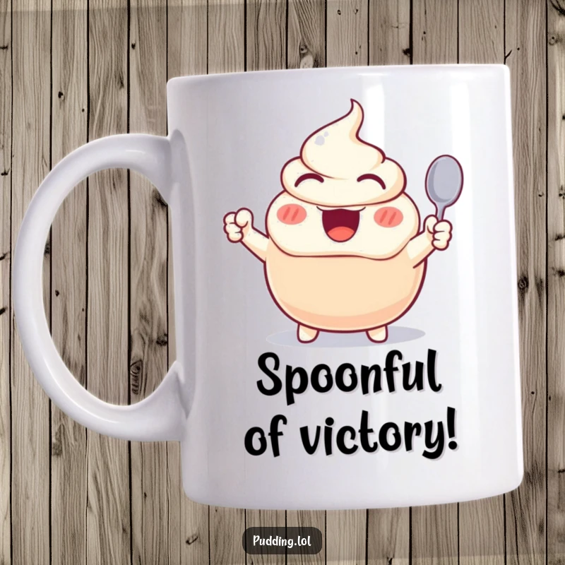 Funny mug featuring an excited pudding character cheering wildly, spoon raised high, embodying pure dessert delight and celebration.