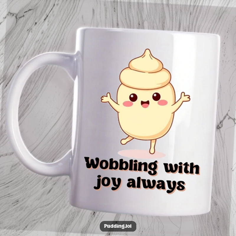 Funny vanilla pudding character dancing playfully, a delightful and humorous mug for dessert enthusiasts.