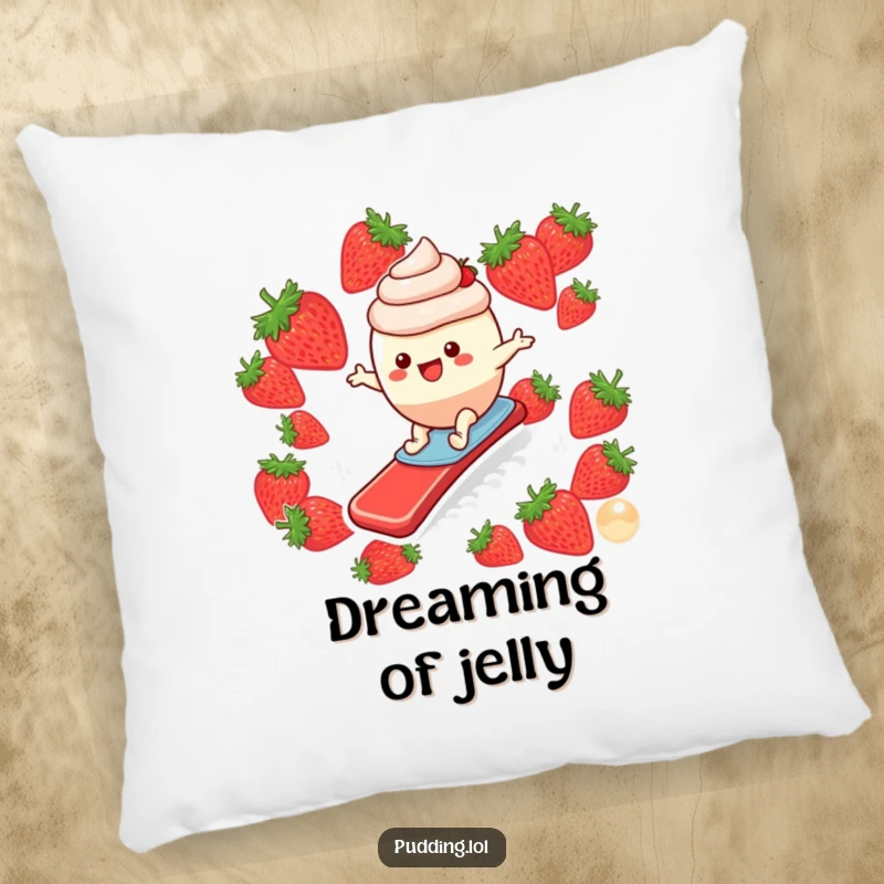 Funny pillow decorated with a cheerful pudding cup character masterfully surfing down a delightful strawberry slide, bringing smiles.