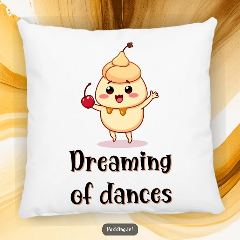 Funny pillow featuring a quivering caramel pudding character doing a silly dance, cherry on top, offering plush comfort and sweet humor.
