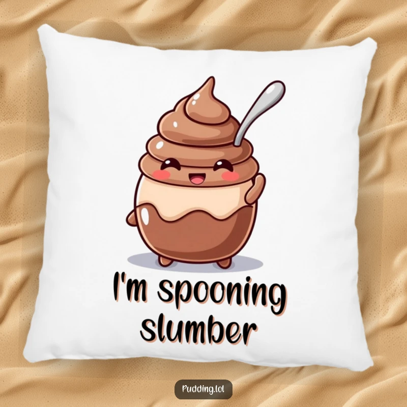 Funny beaming chocolate pudding character with a spoon stuck in it on a soft pillow, making a cheerful and comforting decor item.