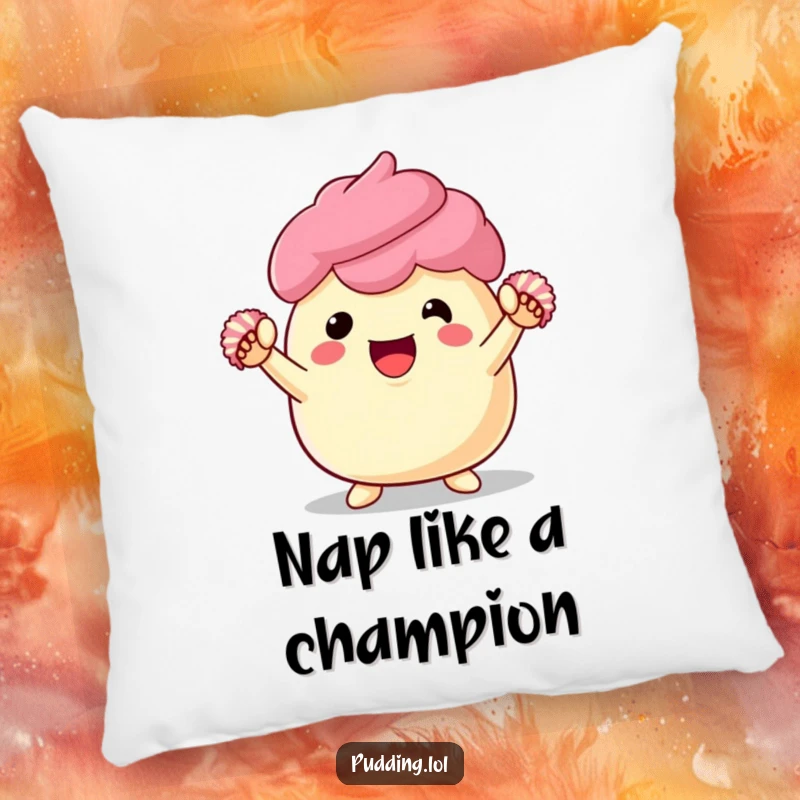 Funny pudding pillow featuring an energetic dessert character with pom-poms, offering plush comfort and a humorous, cheerful vibe.