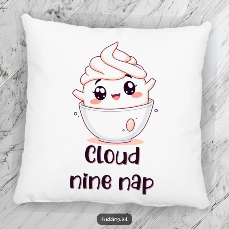 Funny pudding pillow showing a jiggly pudding cup tumbling into whipped cream, bringing soft, humorous decor to any room.