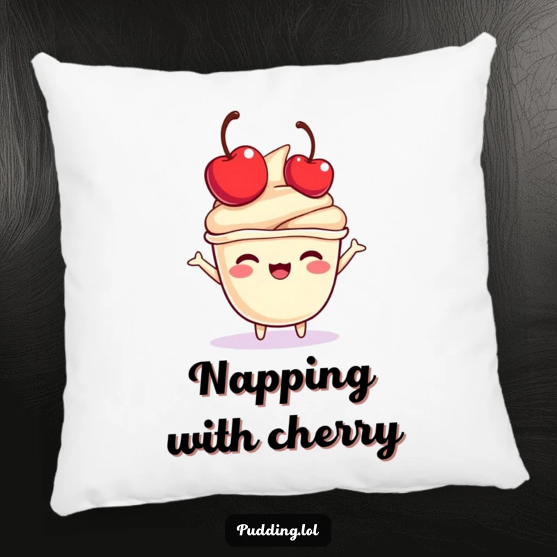 Funny pudding cup pillow with a character joyfully bouncing a mini cherry on its head, providing comfort and a sweet, playful accent.