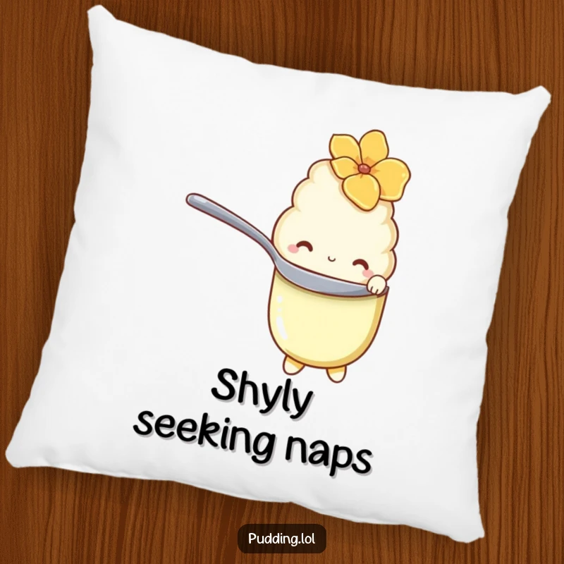 Funny Pillow featuring a shy vanilla pudding character hiding behind a spoon with shy eyes, offering comfort and sweetness.