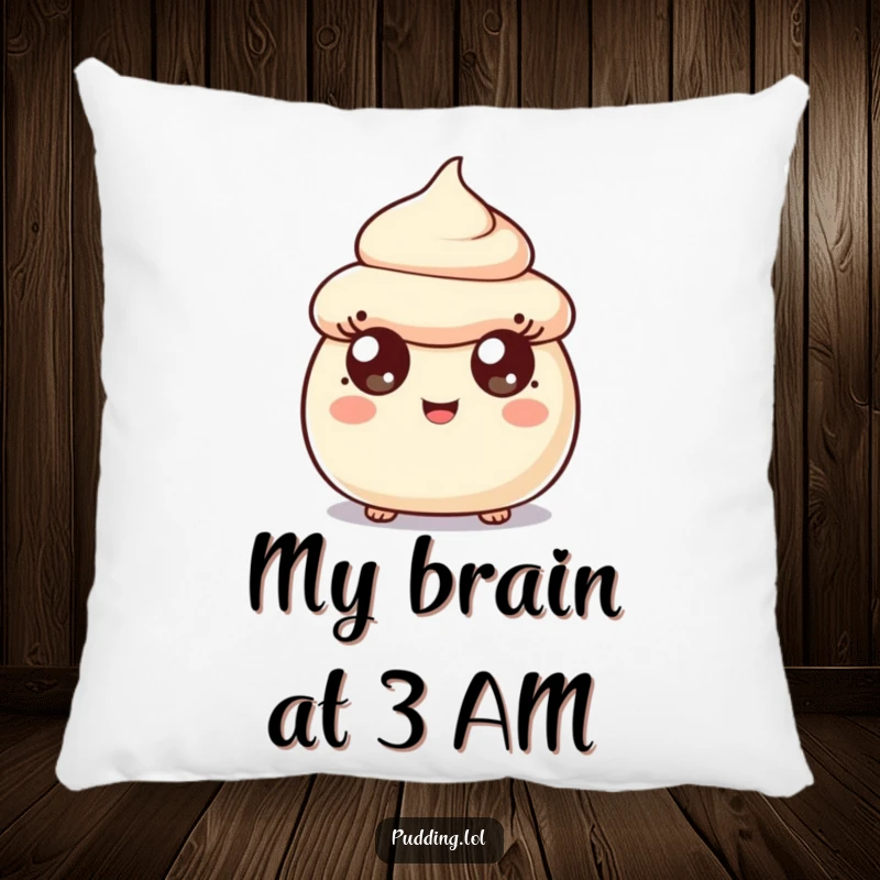 Funny surprised pudding scoop character on a soft pillow, wide eyes and happy expression making it a comforting decor item.