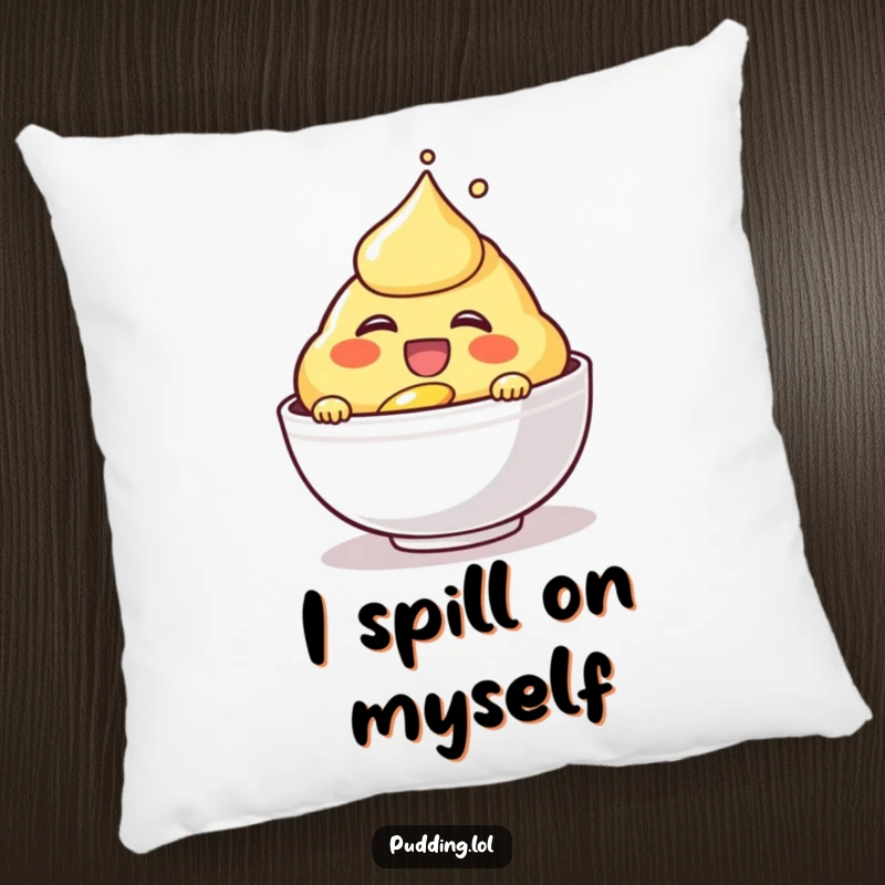 Funny laughing custard character on a soft pillow, its happy pouring action making it a cheerful decor piece.