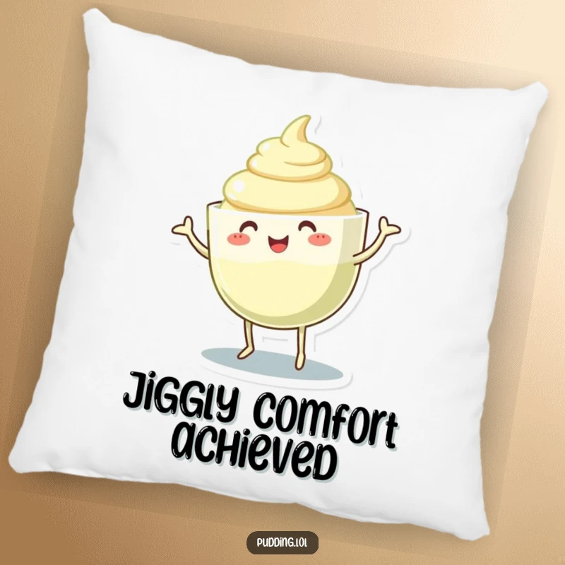 Funny pudding cup pillow with a character dancing and wiggling its gelatinous body, providing comfort and a silly, playful accent.