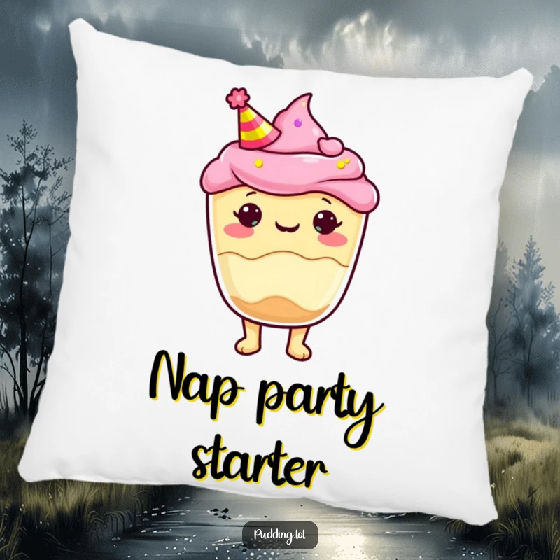 Funny Pillow featuring a pudding cup character wearing a party hat, offering soft, playful comfort and a celebratory vibe.