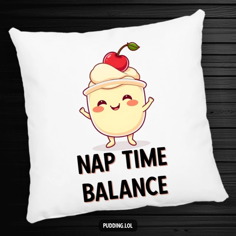 Funny pudding pillow showing a wobbling pudding cup balancing a cherry, bringing soft, humorous decor to any room.