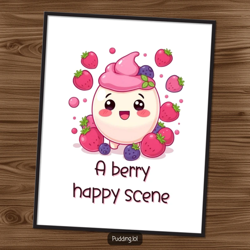 Funny berry pudding character, delighted amongst bouncing berries, a humorous and delightful digital art print.