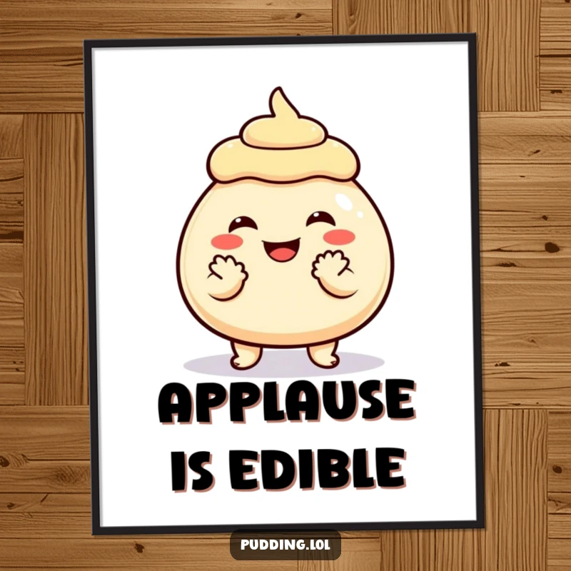 Funny Digital Art Print of a grinning pudding character clapping its hands with pure joy, a delightful and cheerful artwork.