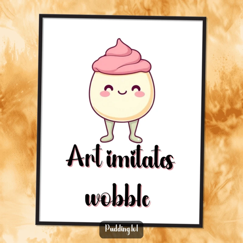Funny Digital Art Print of a pudding cup character with hilariously unstable jelly legs, bursting with wobbly, cartoonish energy.