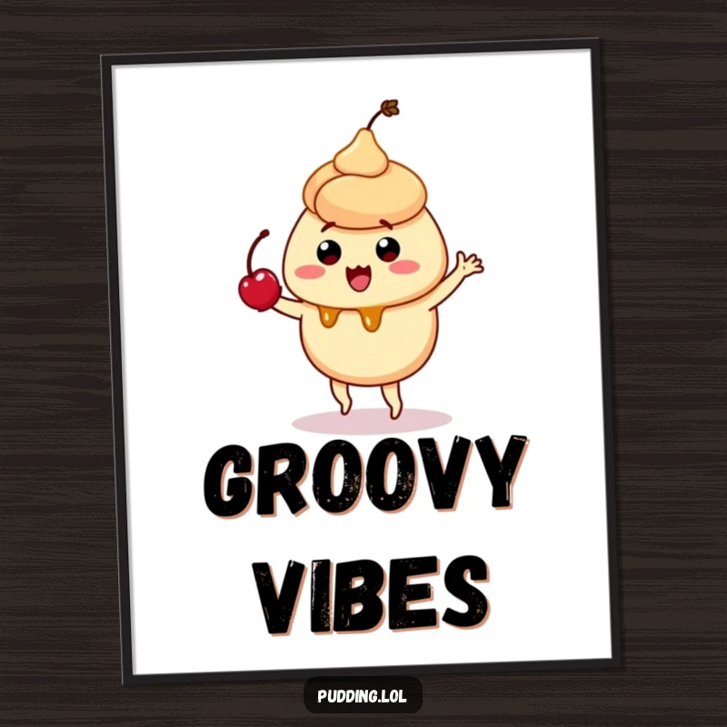 Funny digital art print of a quivering caramel pudding character doing a silly dance with a cherry, capturing sweet, whimsical motion.