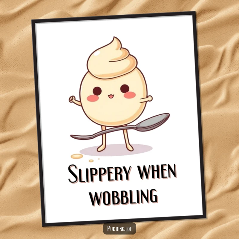 Funny Digital Art Print of a jiggling pudding character hilariously trying to balance on a spoon, a whimsical and comedic piece.