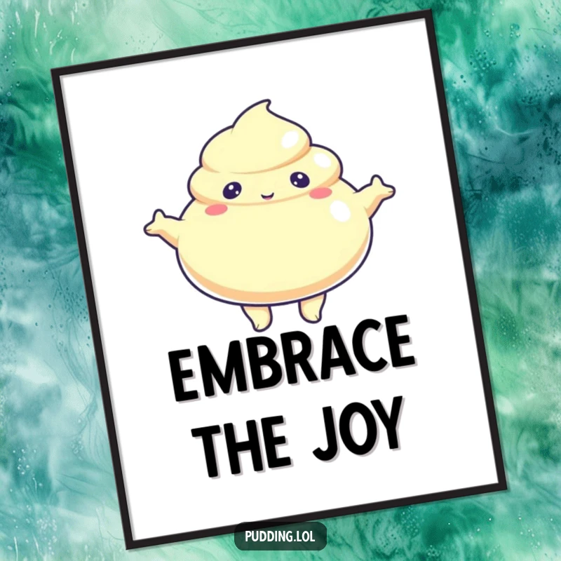 Funny Digital Art Print of a jiggly pudding character with arms outstretched, radiating cartoonish warmth and inviting a wobbly embrace.