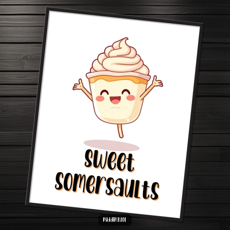 Funny Pudding Cartwheel Digital Art Print: High-resolution art of a pudding cup character performing a cartwheel with whipped cream, ideal for humorous decor.