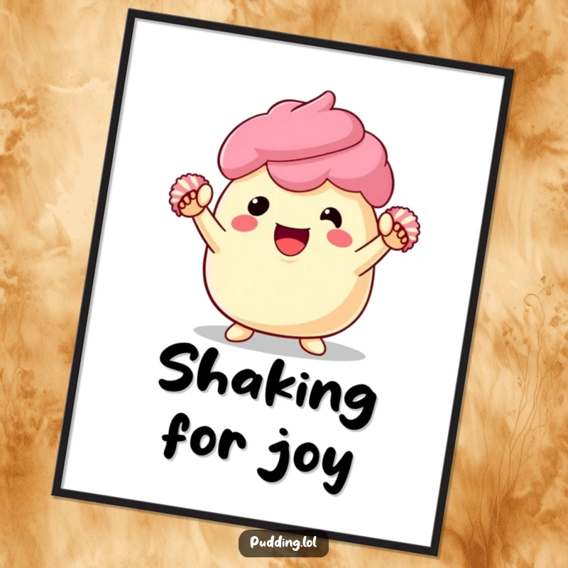 Funny pudding digital art print of an energetic dessert character cheering with pom-poms, delivering instant smiles and decorative cheer.
