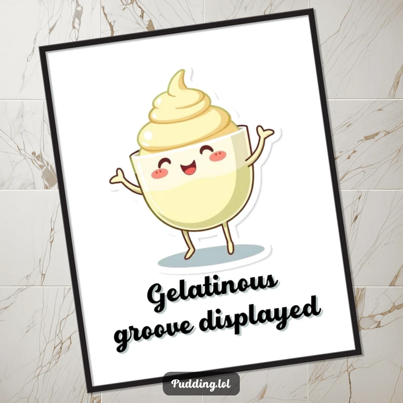 Funny pudding cup digital art print of a character dancing and wiggling its gelatinous body, offering silly fun for wall decor.
