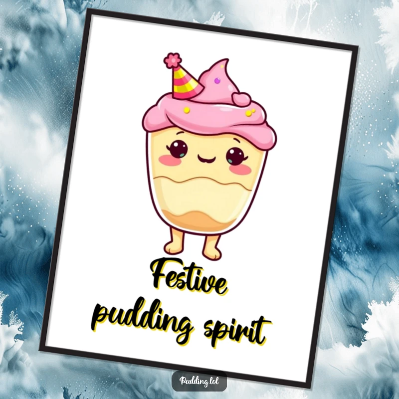 Funny Digital Art Print of a pudding cup character wearing a festive party hat, radiating cartoonish celebration and joy.