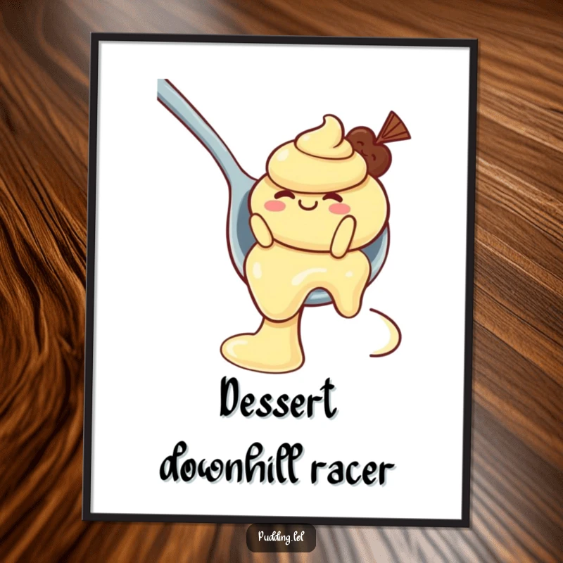 Funny Digital Art Print: A wobbly pudding character slides down a spoon like a waterslide, capturing pure dessert-themed fun.