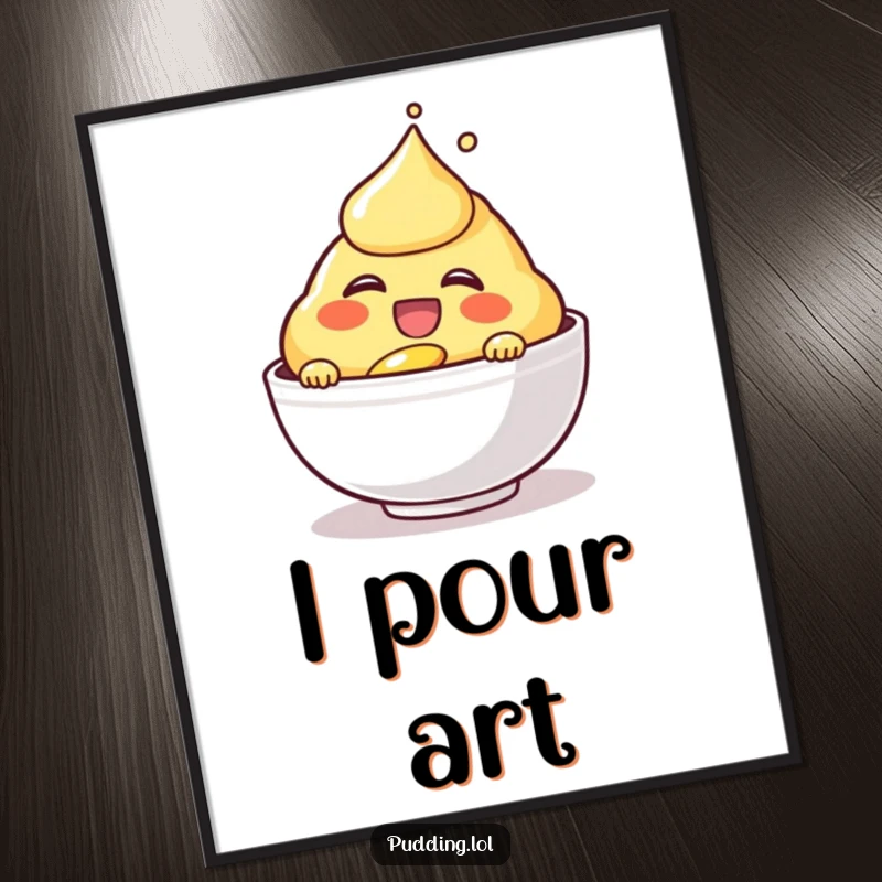 Funny laughing custard character digital art, gleefully pouring itself, bringing vibrant, humorous energy to digital decor.