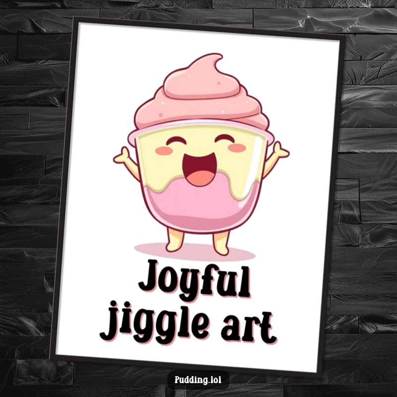 Funny pudding cup character joyfully jiggling its gelatin with excitement, presented as a cheerful digital art print.