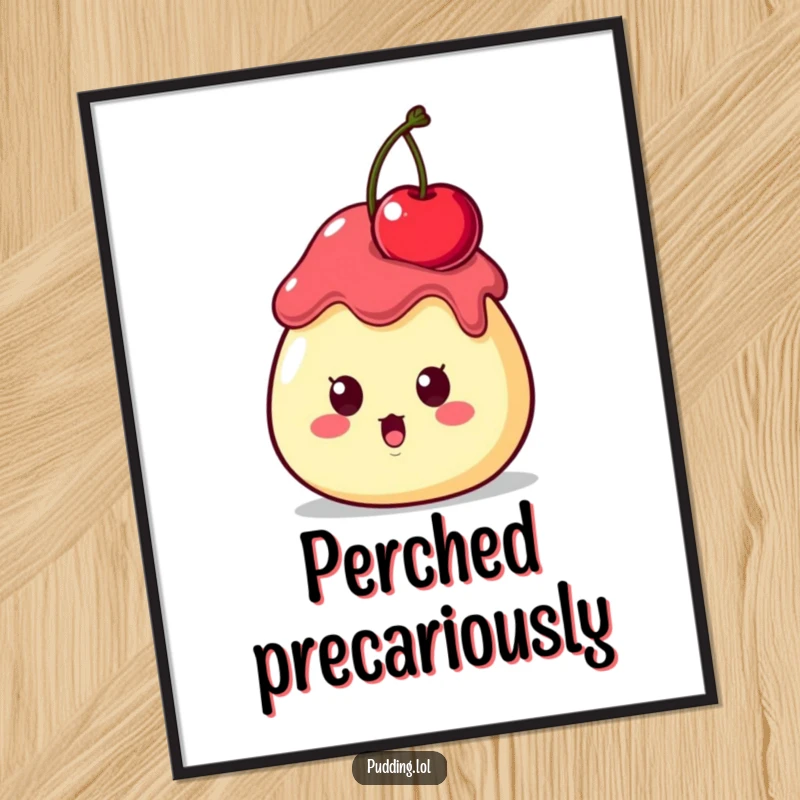 Funny Digital Art Print of a surprised pudding character with a cherry wobbling on its head, a humorous and whimsical artwork.