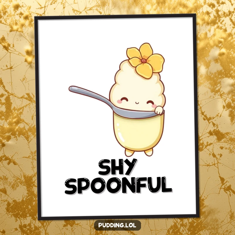 Funny Digital Art Print of a shy vanilla pudding character hiding behind a spoon with bashful eyes, looking sweet.