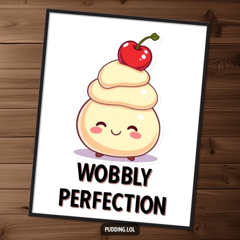 Funny Digital Art Print: A smiling pudding character balances a cherry on its head, bringing instant whimsical charm and poise.