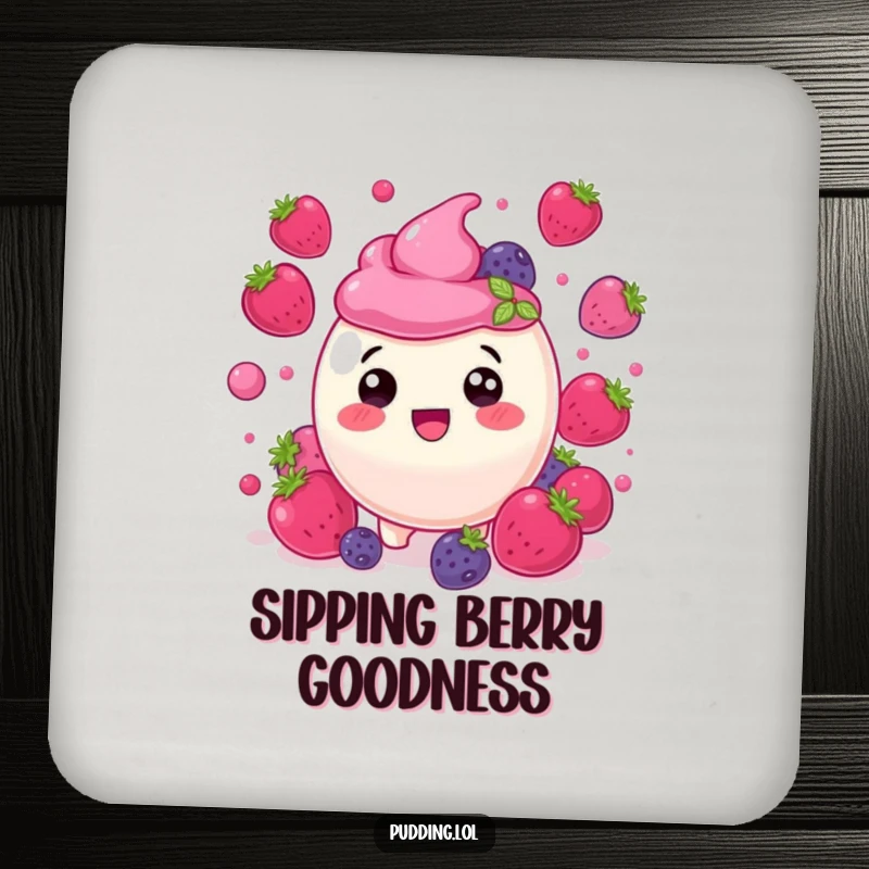 Funny berry pudding character, delighted amongst bouncing berries, perfect for protecting surfaces with this humorous coaster.
