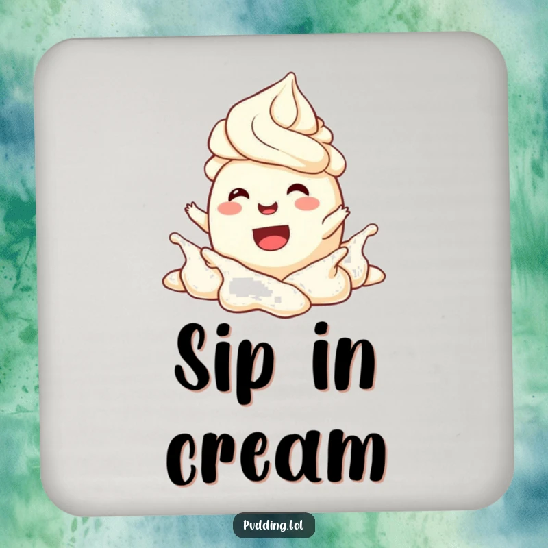 Funny Drink Coaster showcasing a joyful pudding character splashing in whipped cream, adding cheerful protection.