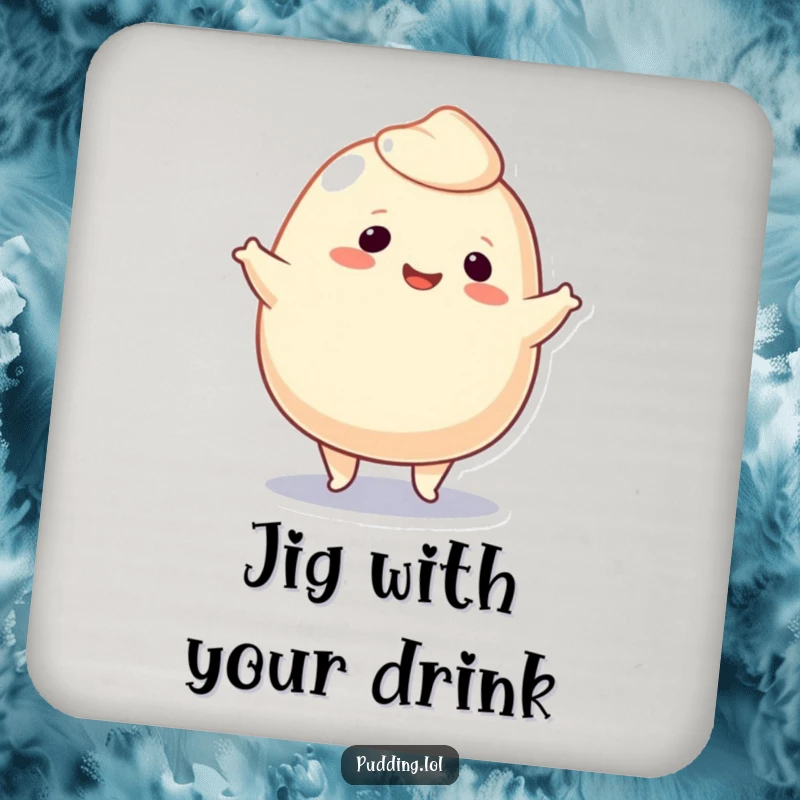Funny Coasters showcasing a pudding blob character doing a jig, providing a fun and protective surface for drinks.