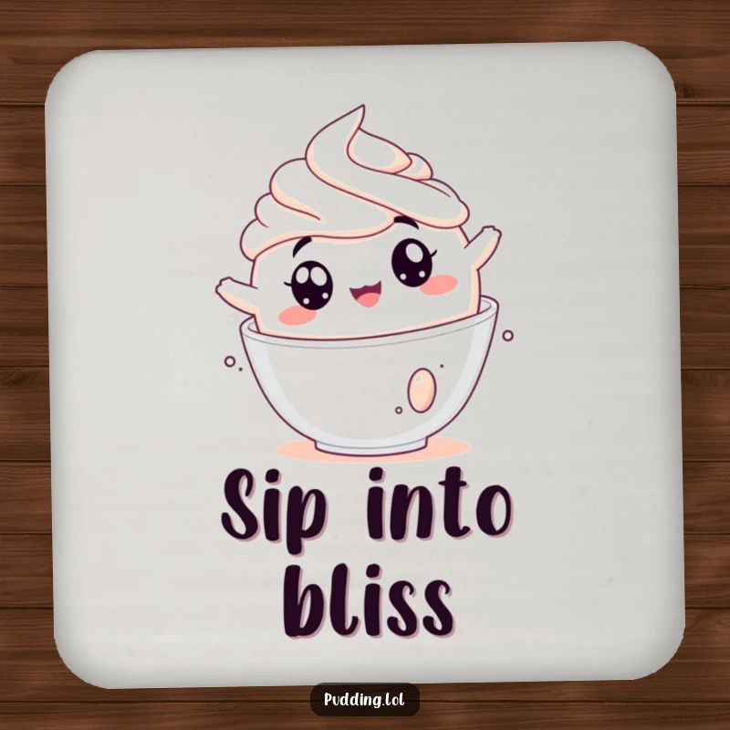 Funny pudding coaster featuring a jiggly pudding cup tumbling into whipped cream, protecting surfaces with joyful humor.