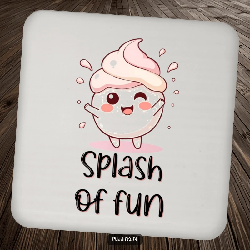 Funny Coasters showcasing a pudding scoop character gleefully splashing, providing a fun and protective surface for drinks.