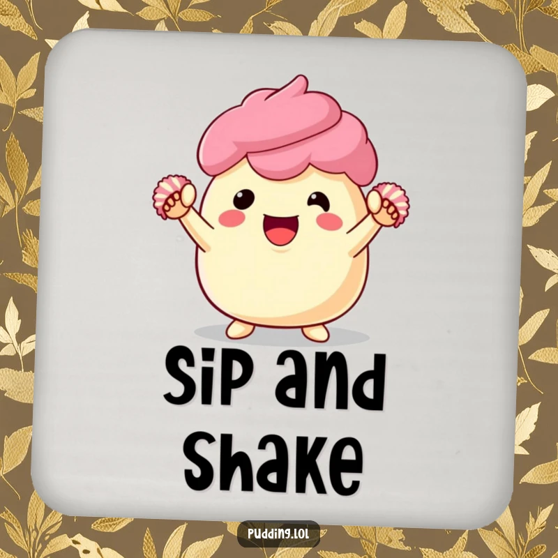 Funny pudding drink coasters featuring an enthusiastic dessert character cheering with tiny pom-poms, adding humor to beverage protection.