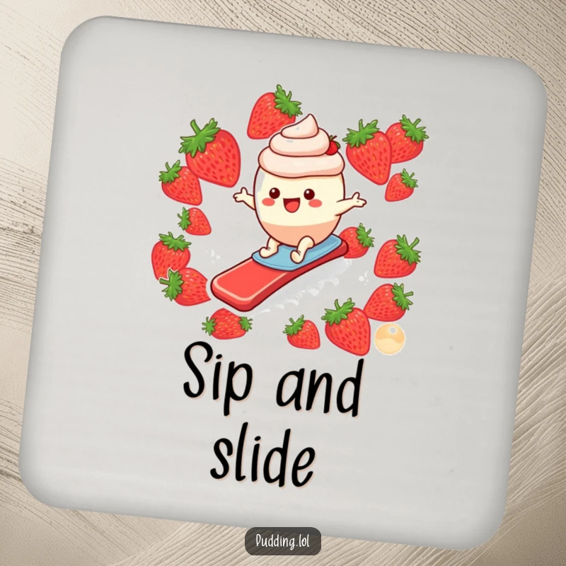 Funny drink coaster depicting a cheerful pudding cup character surfing with abandon on a strawberry slide, adding humor.